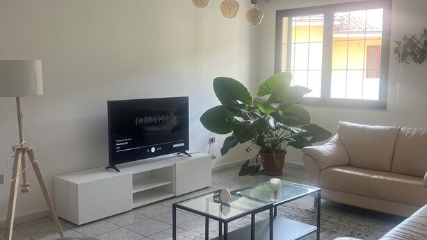 Uma sala de estar com televisão, mesa de centro de vidro, sofá, planta em vaso e luminária.