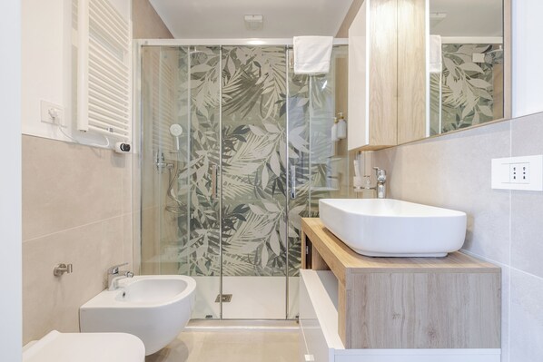 Shower, hair dryer, bidet, towels
