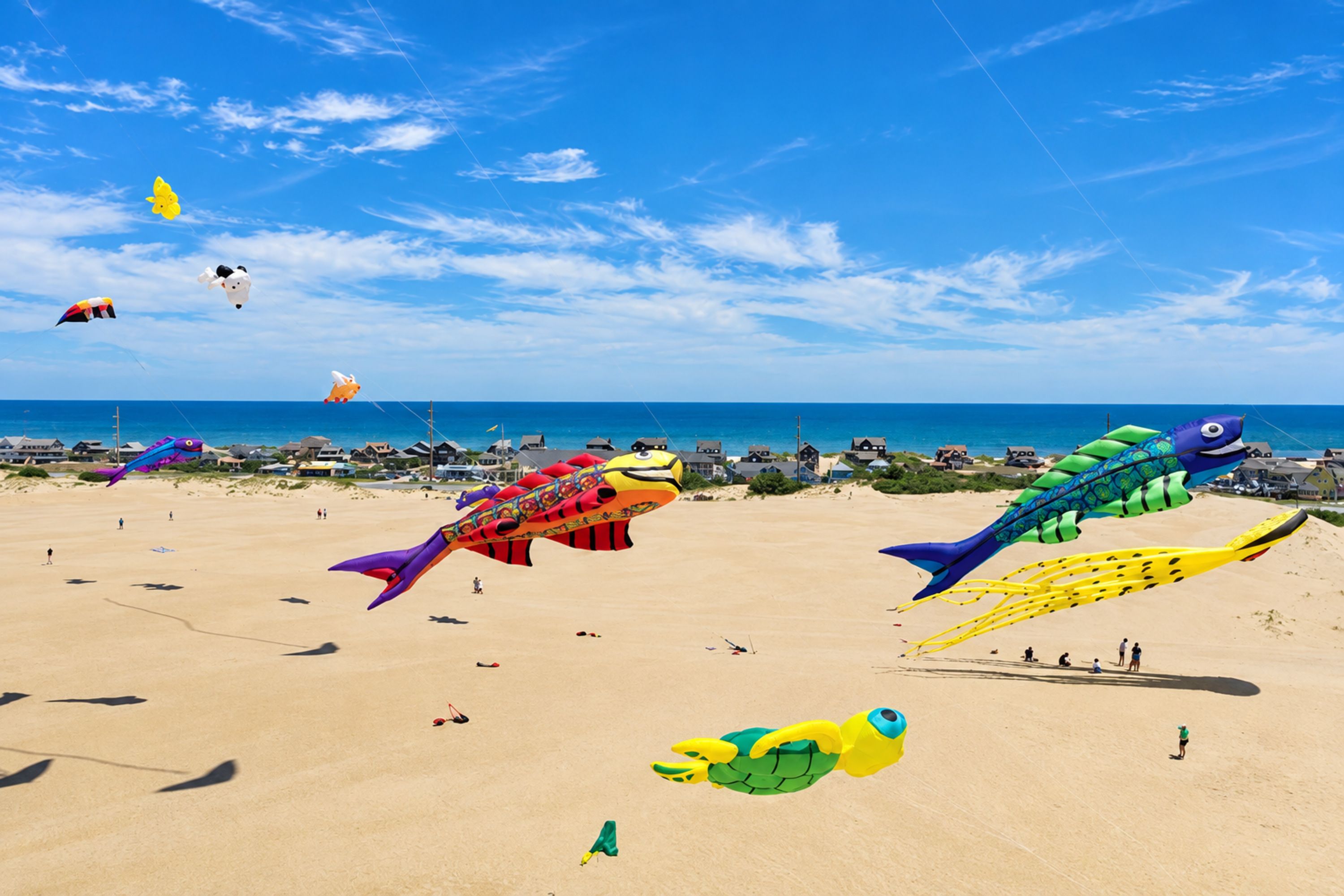 A beach with various colorful kites flying in the sky.