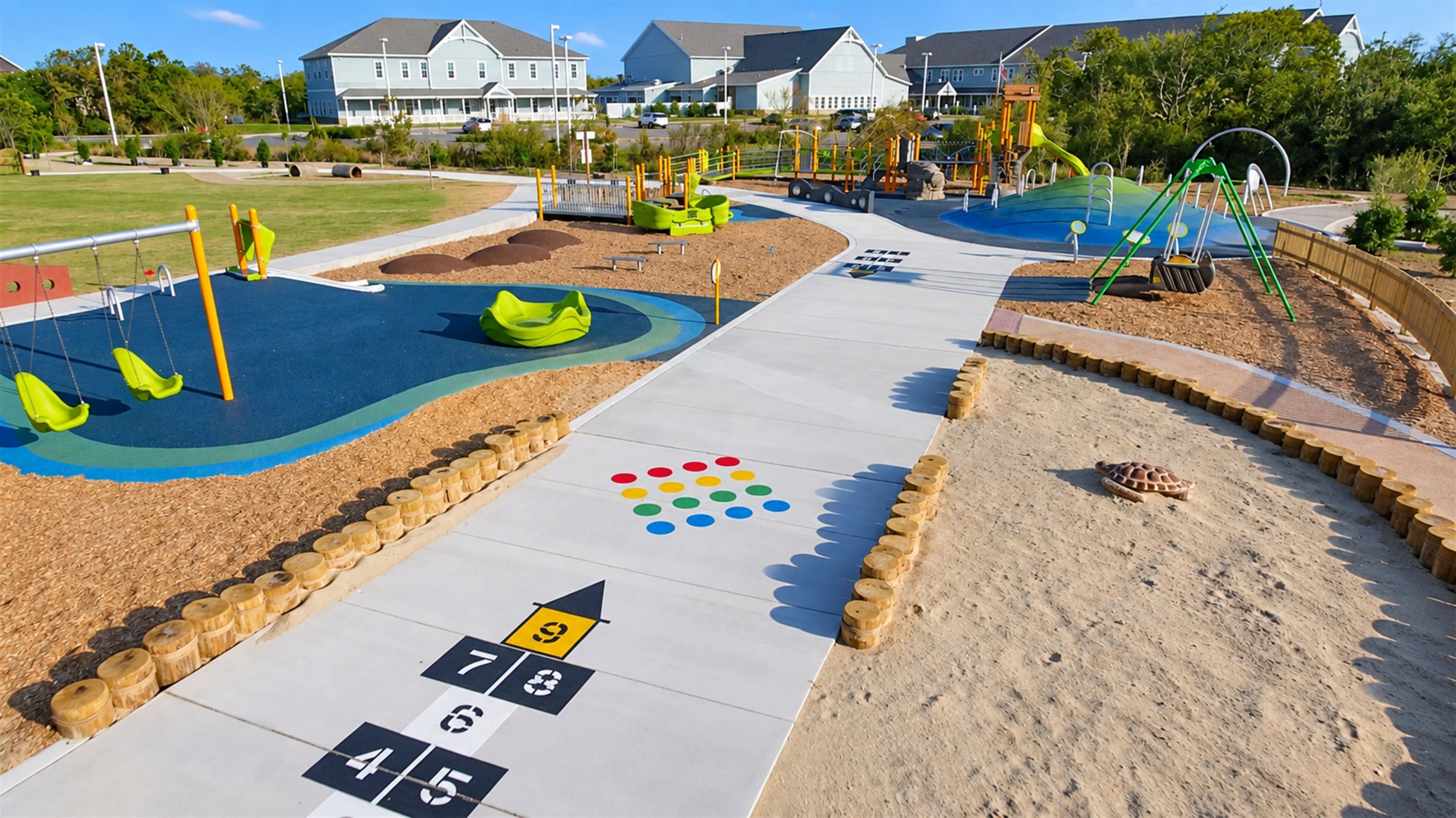 Une aire de jeux avec un jeu de marelle, un bac à sable et des balançoires.