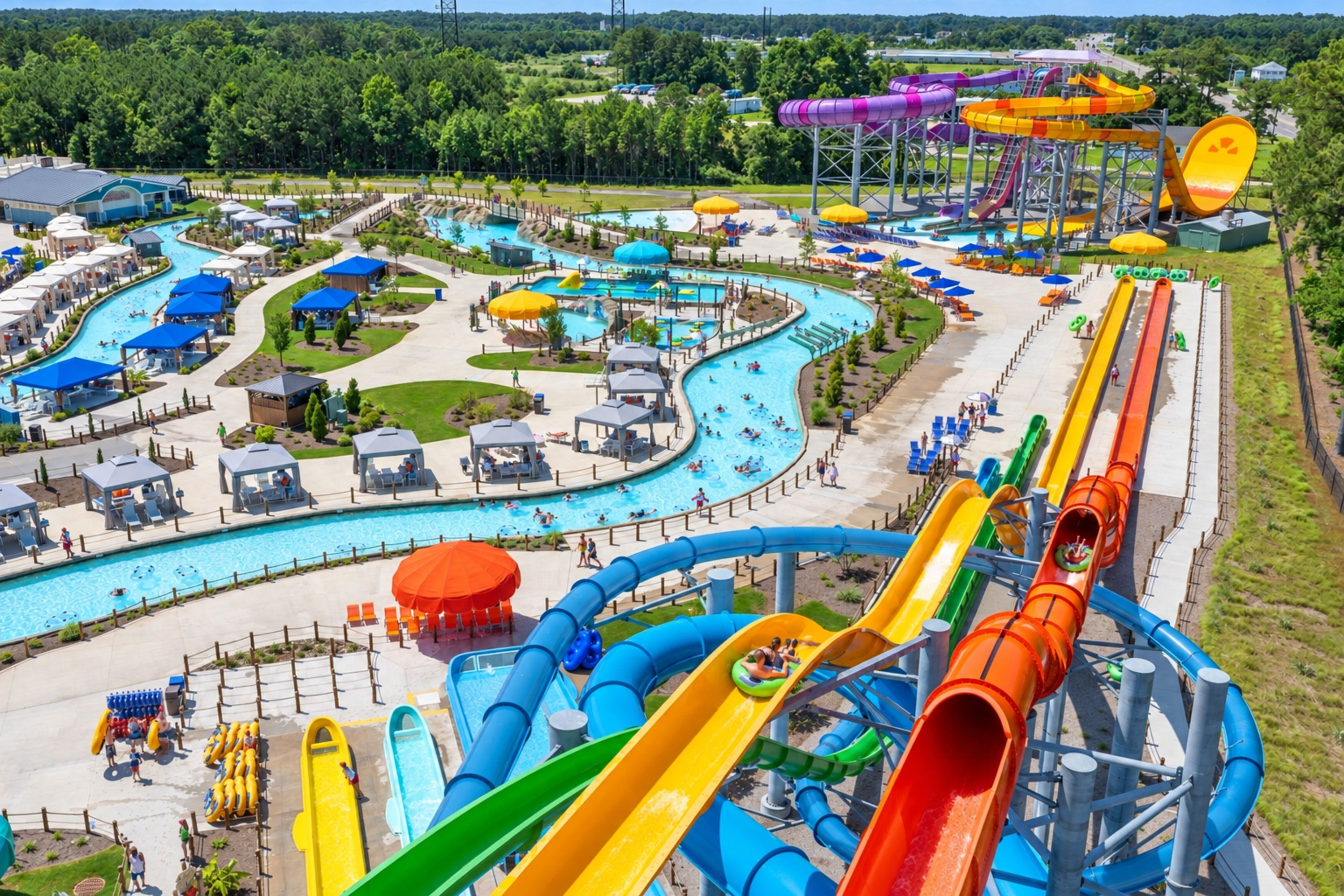 A water park with multiple slides and pools.