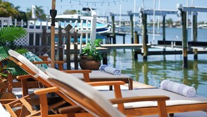 Een houten terras met lounge stoelen en een plant in pot, met uitzicht op een jachthaven met boten en steigers.