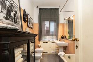 Bidet, towels, shampoo, toilet paper