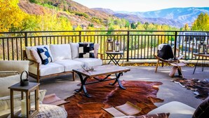 Une terrasse avec un canapé, des chaises, une table et un tapis en peau de vache.