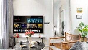 A modern living room with a large flat-screen TV mounted on the wall, a round coffee table with a vase of flowers, a wooden armchair, and a side table with a plant. - Vibrant City Center Escape (Reykjavík)