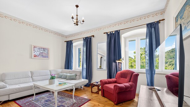 Ein Wohnzimmer mit Sofa, Sessel, Couchtisch und Teppich. Es gibt Fenster mit Vorhängen, eine Kristallleuchter und ein Gemälde an der Wand.