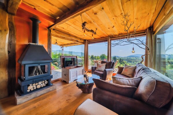 Casa familiar, varias habitaciones (Castle View Haven With Wellness And) | Área de sala de estar | Smart TV de 21 pulgadas con canales digitales y chimenea 