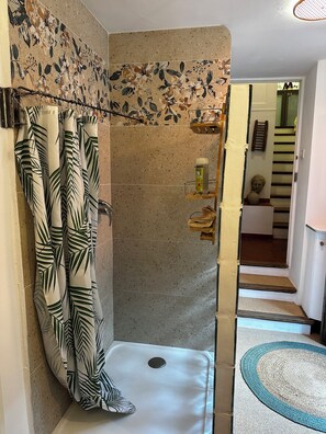 Douche, serviettes fournies, papier toilette