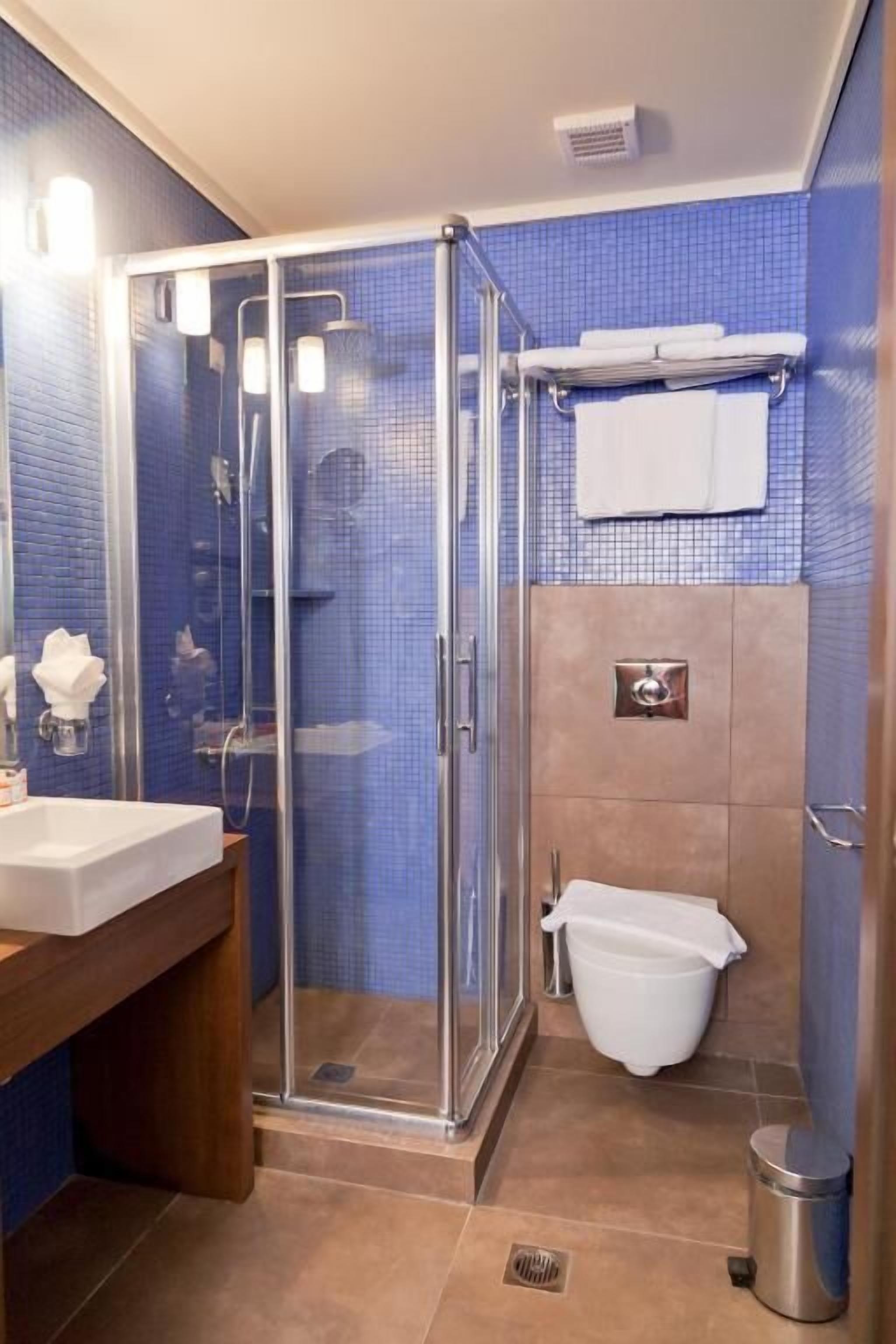 A bathroom with a glass-enclosed shower, a sink, a toilet, and a towel rack.