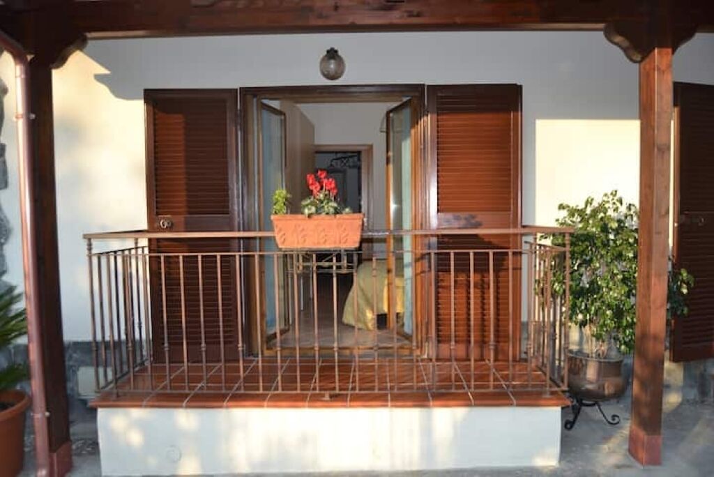 A balcony with a metal railing, a wooden floor, and a potted plant on the right.