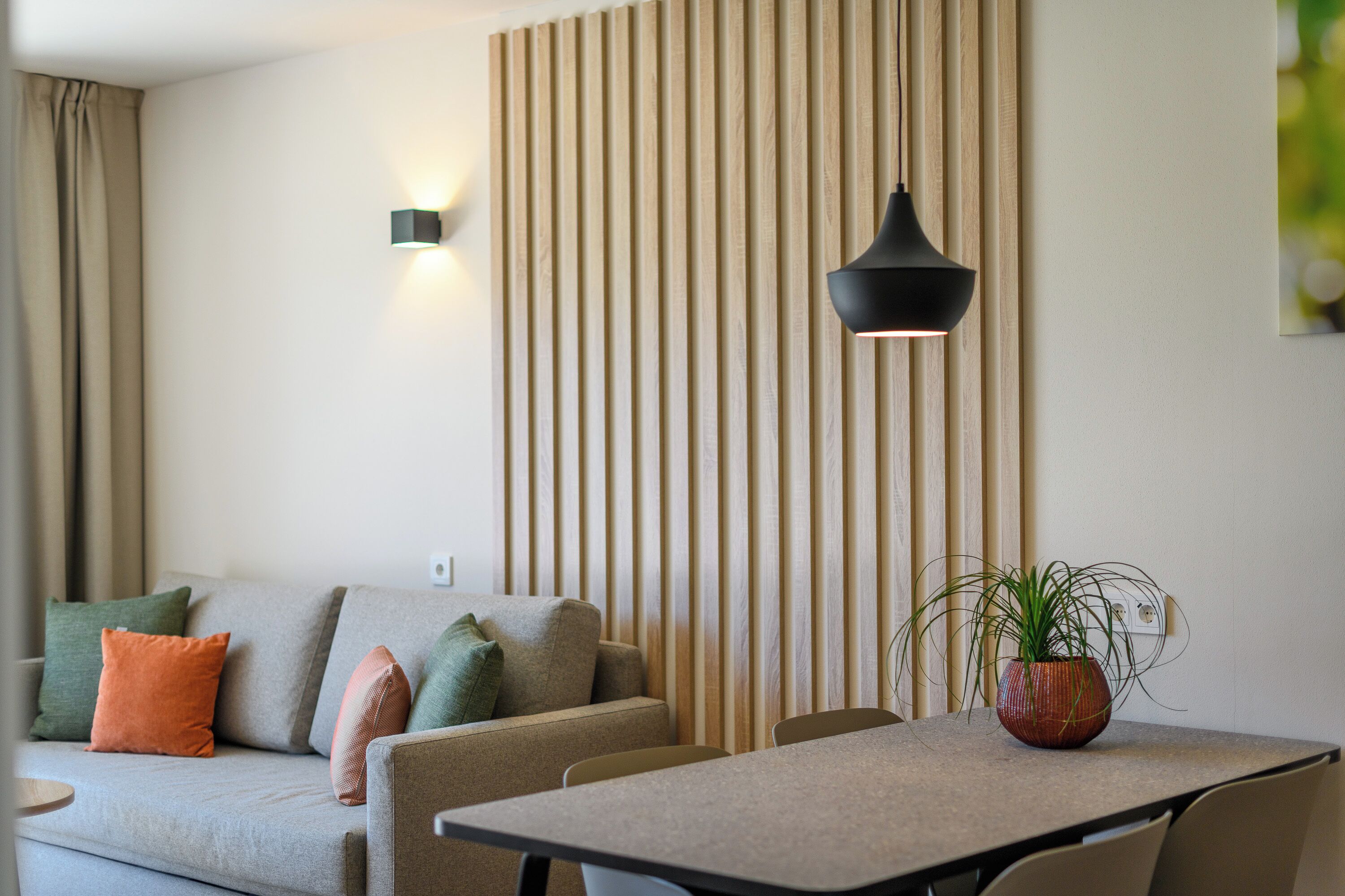 Un salon moderne avec un canapé, une table à manger et une plante en pot.