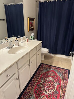 Secadora de cabello, toallas, jabón, papel de baño 