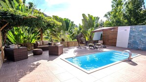 Zona de piscina con mobiliario de mimbre, una pequeña piscina y abundante vegetación.