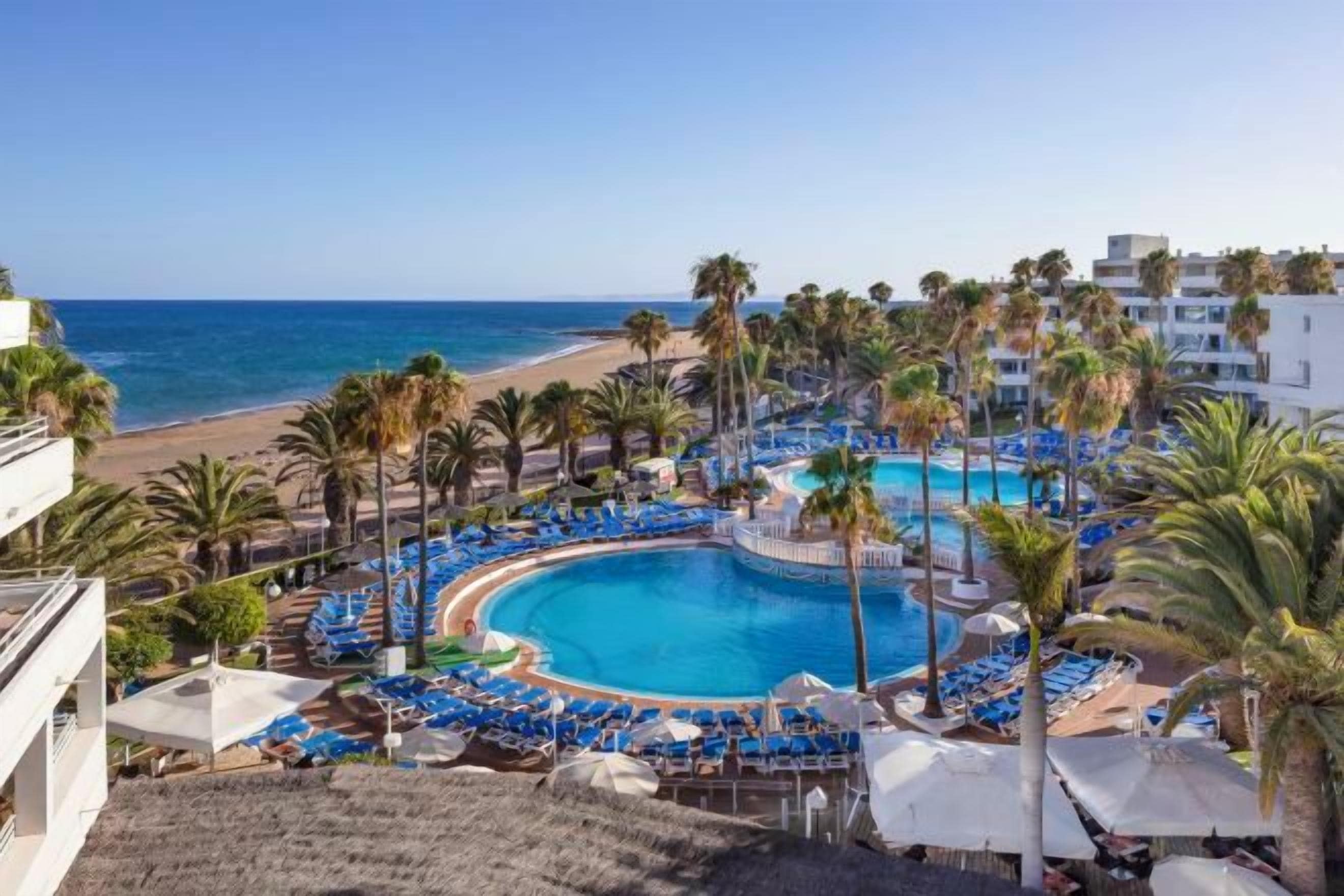 Un resort con piscina, playa y palmeras.