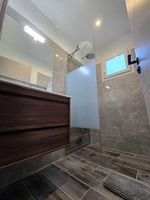 Shower, hair dryer, towels