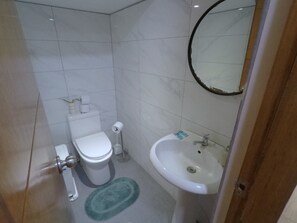 Shower, towels, soap, toilet paper