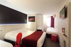 A hotel room with two beds, a red chair, a red ottoman, a framed picture on the wall, a television, and a radiator. - The Originals City, Hotel Alizea, Le Mans Nord (Saint-Saturnin)
