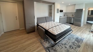 A modern bedroom with a bed, built-in wardrobe, and a kitchenette.