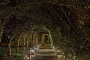 A pathway lined with trees and illuminated lanterns, leading to an entrance. - Le Riad Villa Blanche (Agadir)