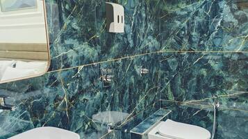 Shower, free toiletries, hair dryer, towels