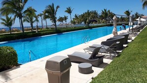 Un espace piscine doté de chaises longues et de parasols, de palmiers, et offrant une vue dégagée sur l’océan.