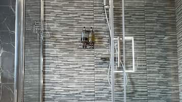 Shower, towels, soap, toilet paper