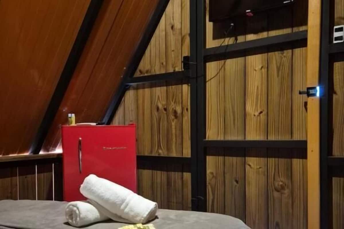 Une chambre avec un plafond en pente, des murs en bois, un lit recouvert d’une couverture grise, une armoire rouge et un téléviseur fixé au mur.