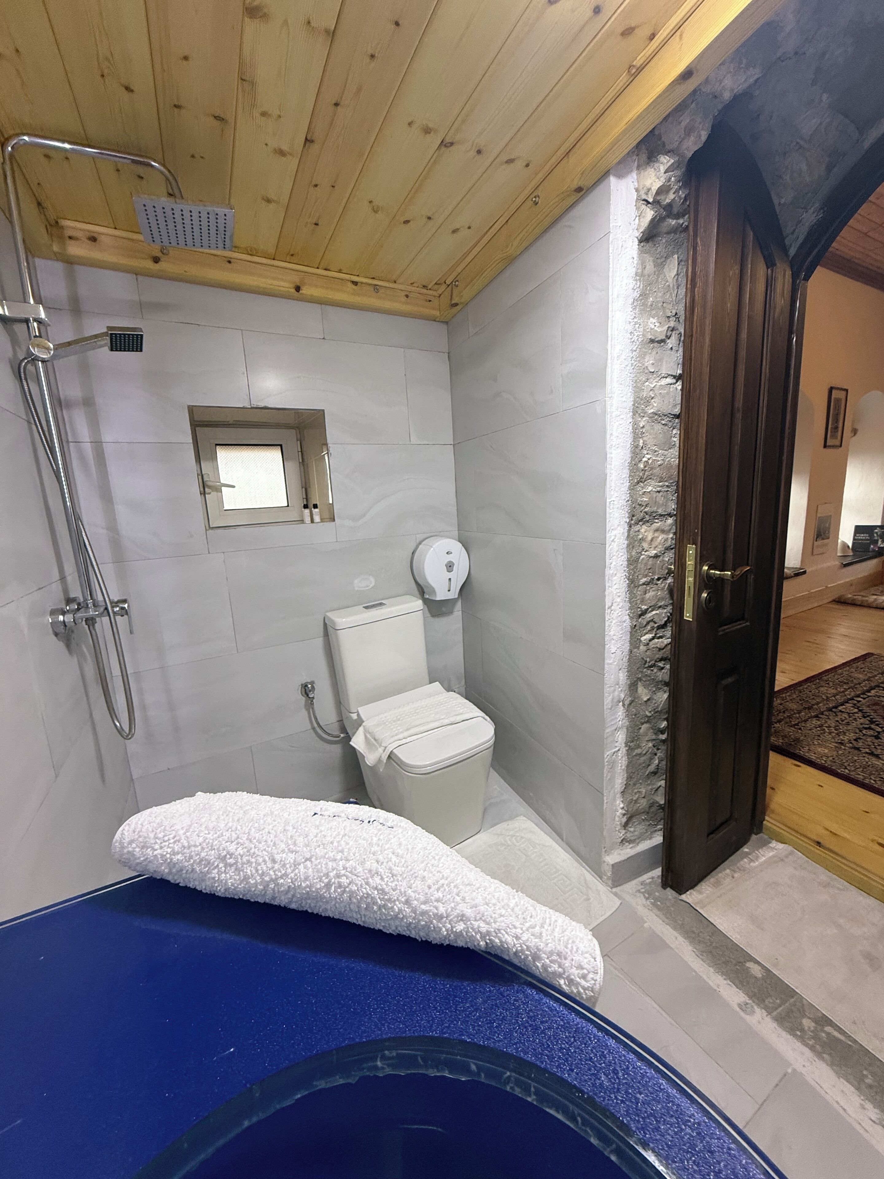 A bathroom with a bathtub, a shower, a toilet, and a small window.