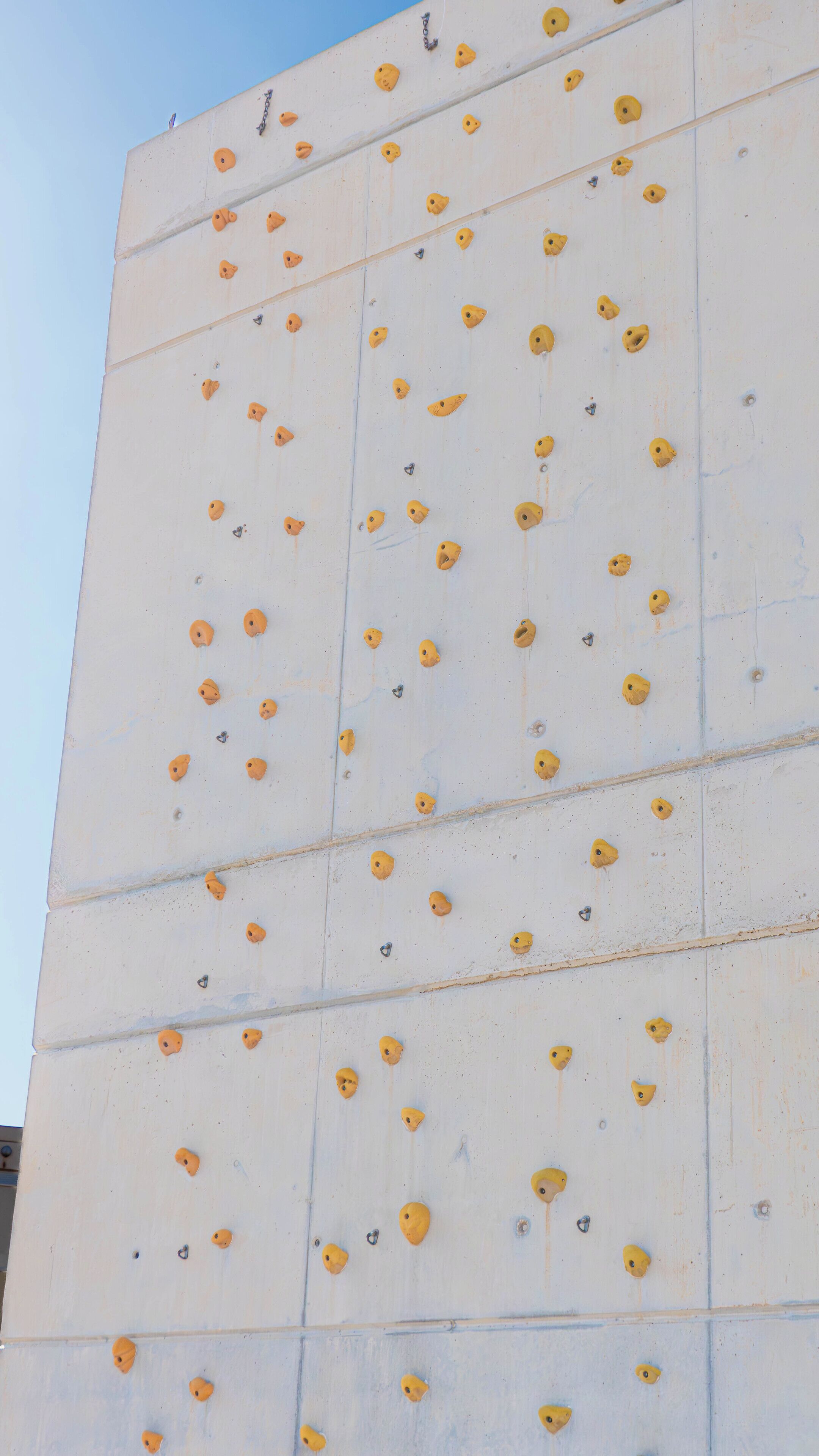 A climbing wall with various holds and routes.