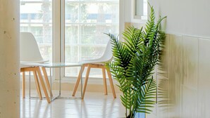 Un interior moderno con un ventanal grande, una planta en maceta y un cartel que indica una habitación.