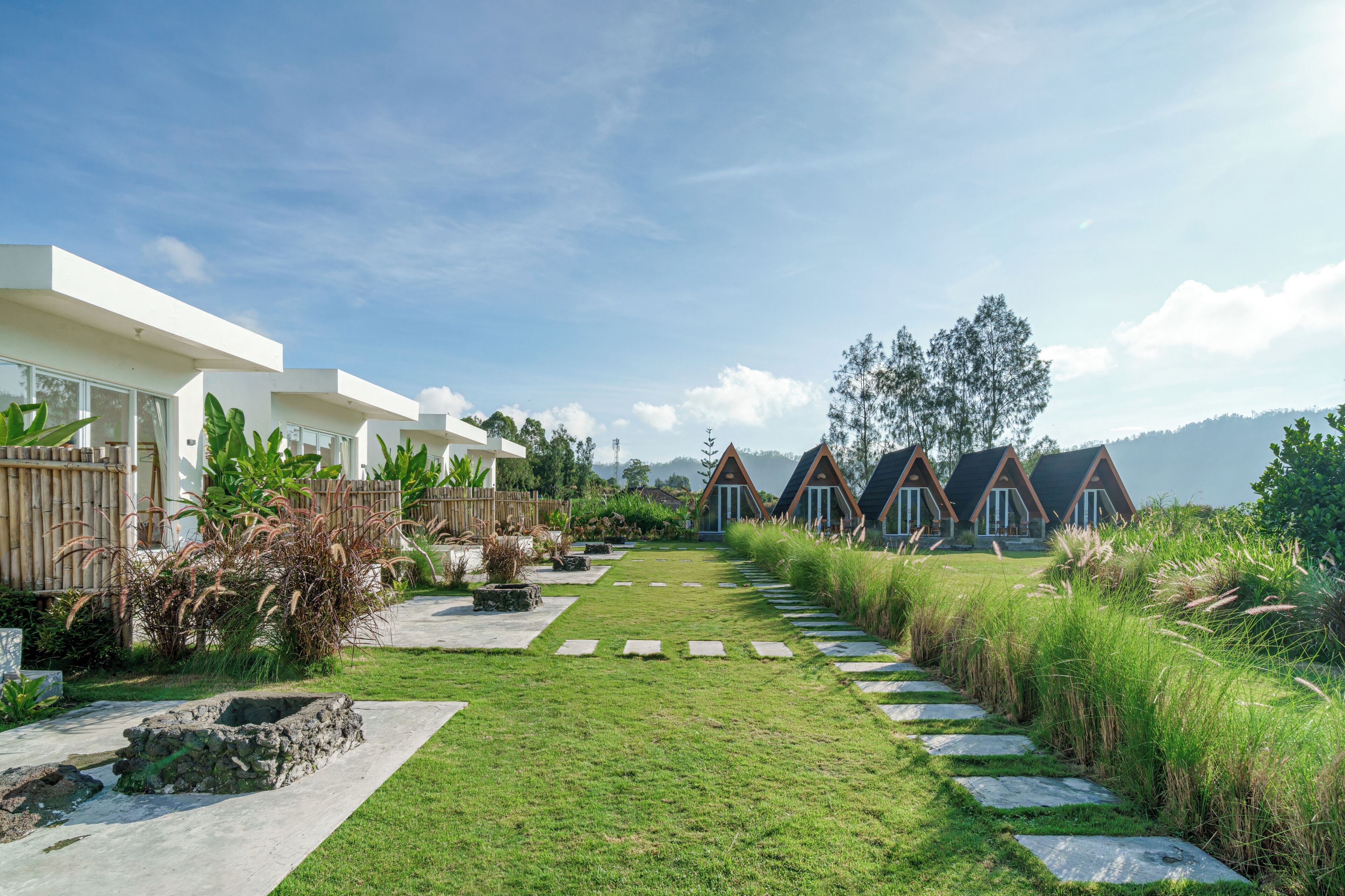 A pathway leading to a row of modern houses with a clear sky above.