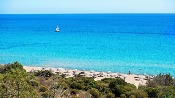Une plage avec une eau d’un bleu limpide, un voilier et des parasols de plage.