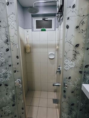 Hair dryer, towels, soap, toilet paper