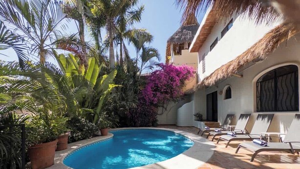 Ein Swimmingpool, umgeben von Kübelpflanzen und Palmen, mit Liegestühlen und einem Gebäude mit einem Reetdach.
