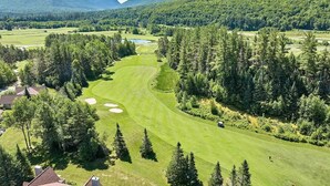 A golf course with a winding path, surrounded by dense forests and mountains in the background.
