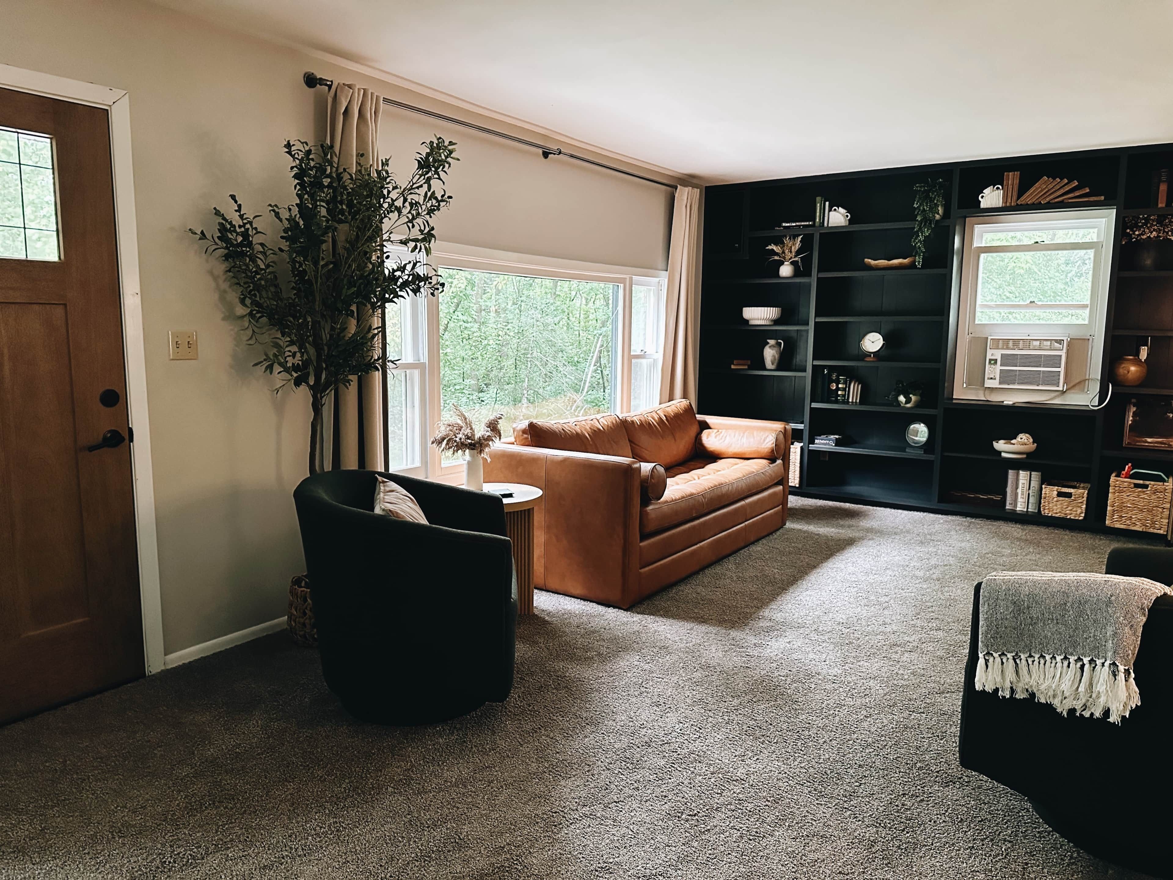 A living room with a brown sofa, a black armchair, a large potted plant, and a bookshelf.