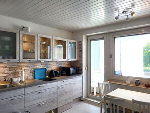 Fridge, microwave, coffee/tea maker, toaster