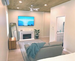 Smart TV, chimenea, libros