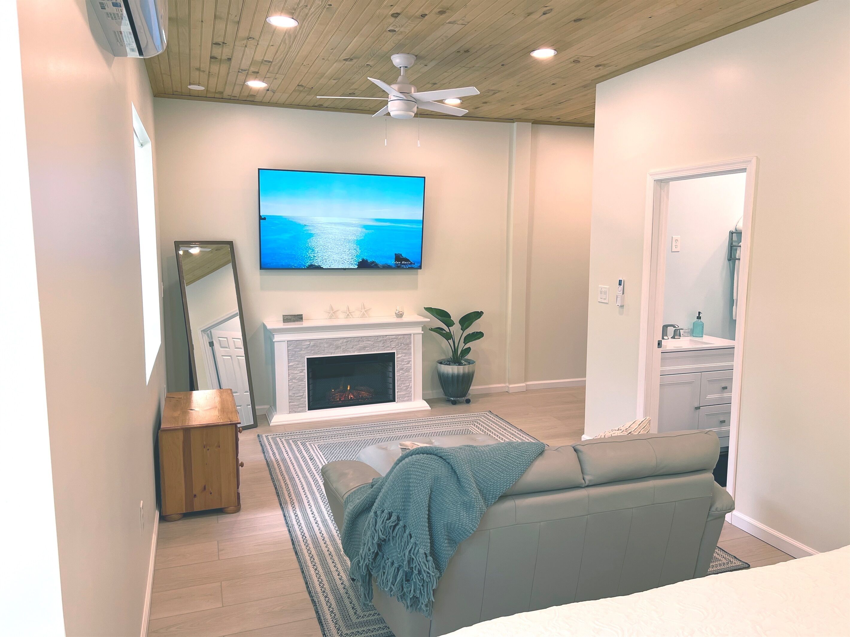 TV connectée, cheminée, livres