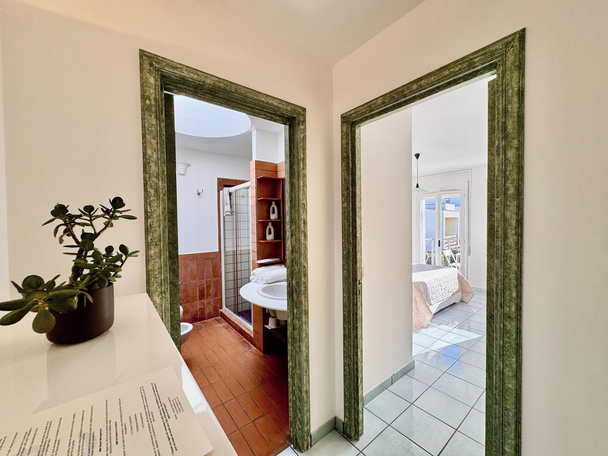 A bathroom with a shower, sink, and a potted plant.