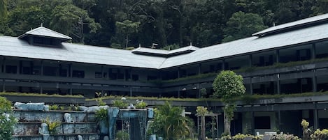 Una piscina con borde de baldosas, rodeada de vegetación y un edificio de varios niveles con techo plano.
