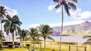 A tropical resort with palm trees, a hammock, and a view of the ocean and mountains.