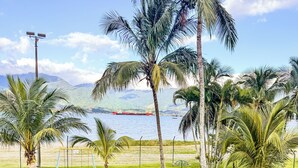 A grassy area with palm trees and a swing set, overlooking a body of water with a large ship in the distance. - VELINN Hotel Guarda Mor (São Sebastião)