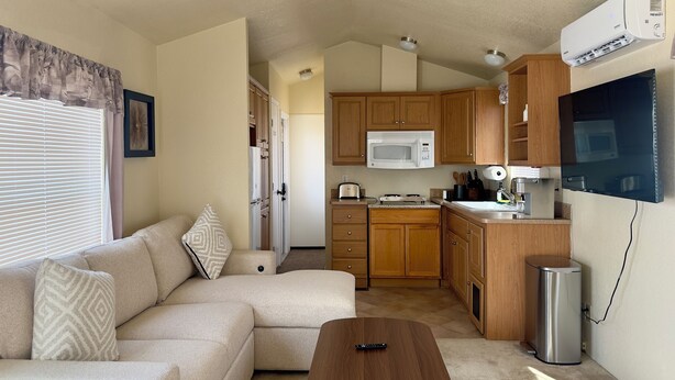 A compact living space with a sofa, a coffee table, a kitchen area including a microwave, a stove, and a trash can.