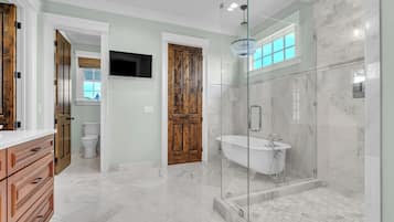 Hair dryer, towels, soap, toilet paper