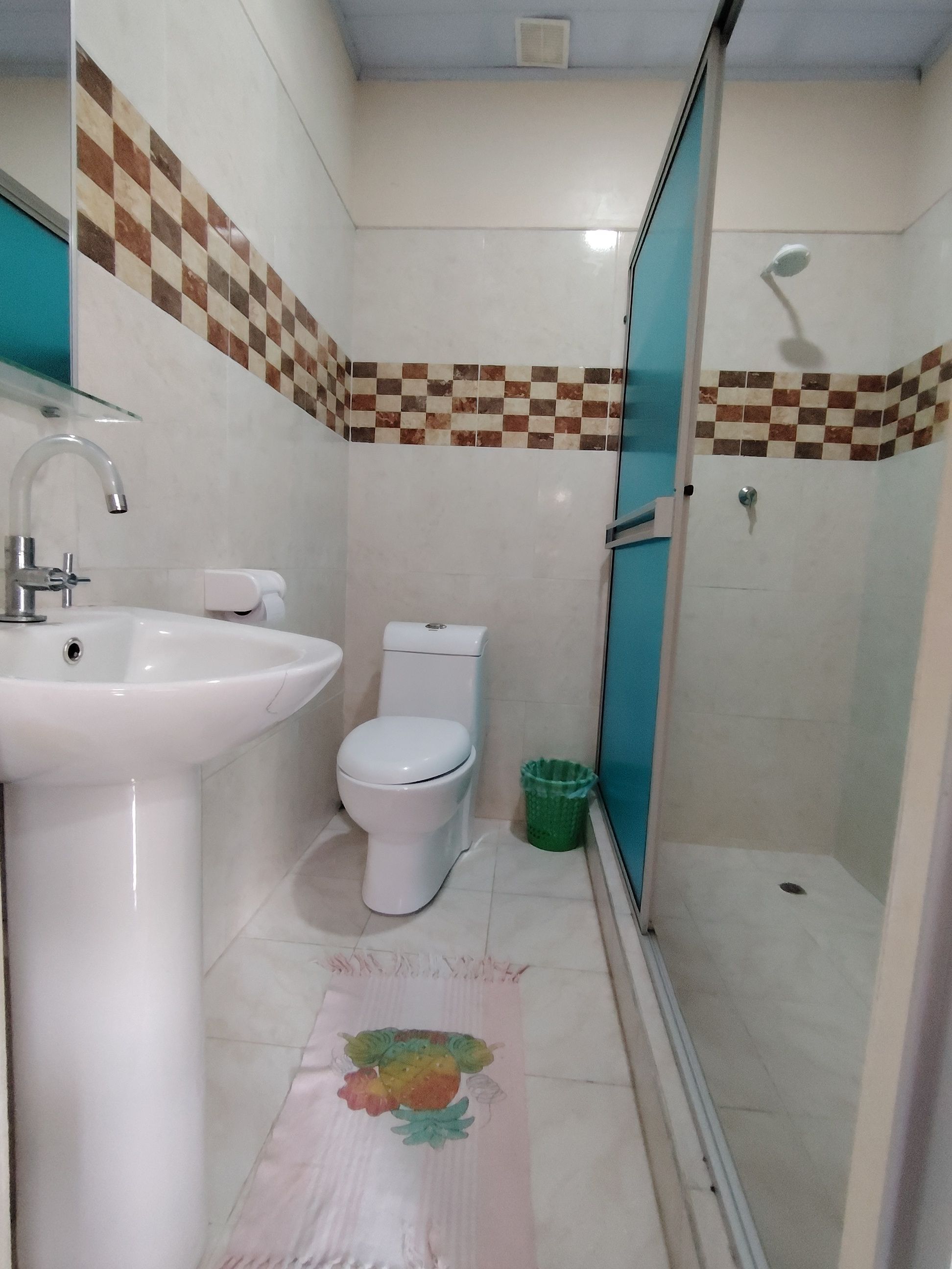 Un baño con lavamanos, inodoro y ducha.