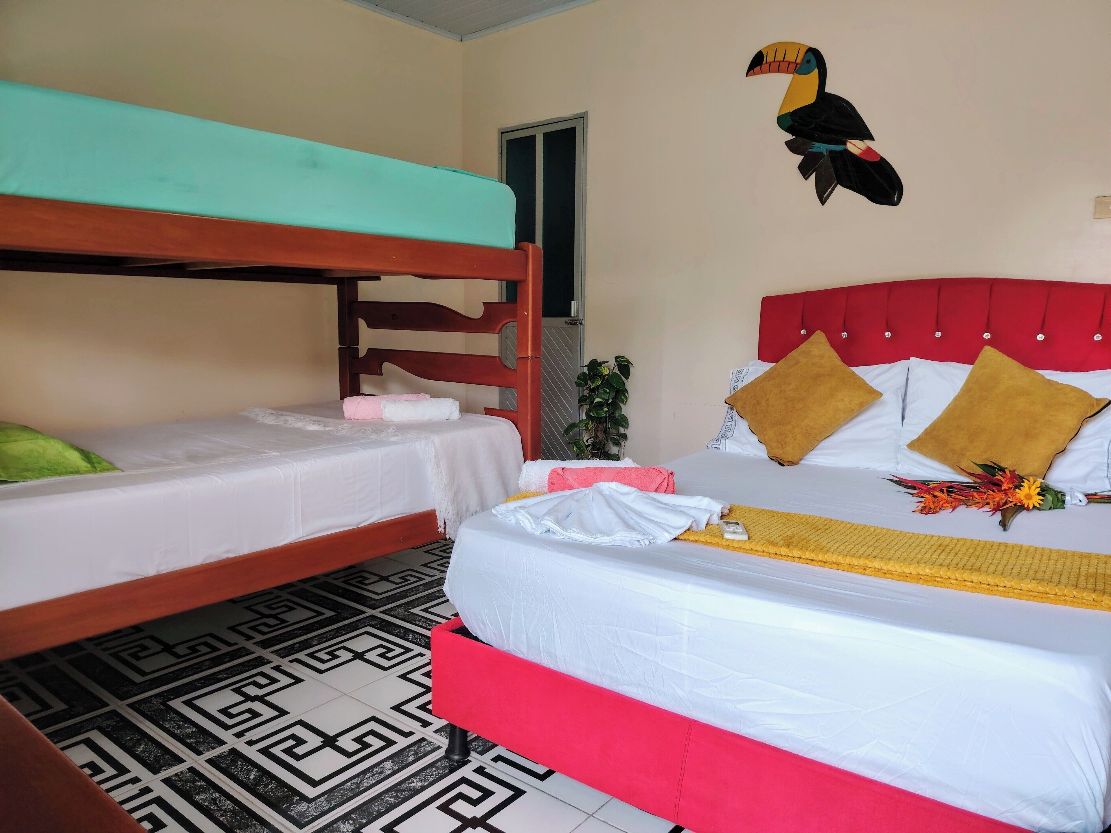A room with two bunk beds, a red headboard, and a toucan wall decoration.