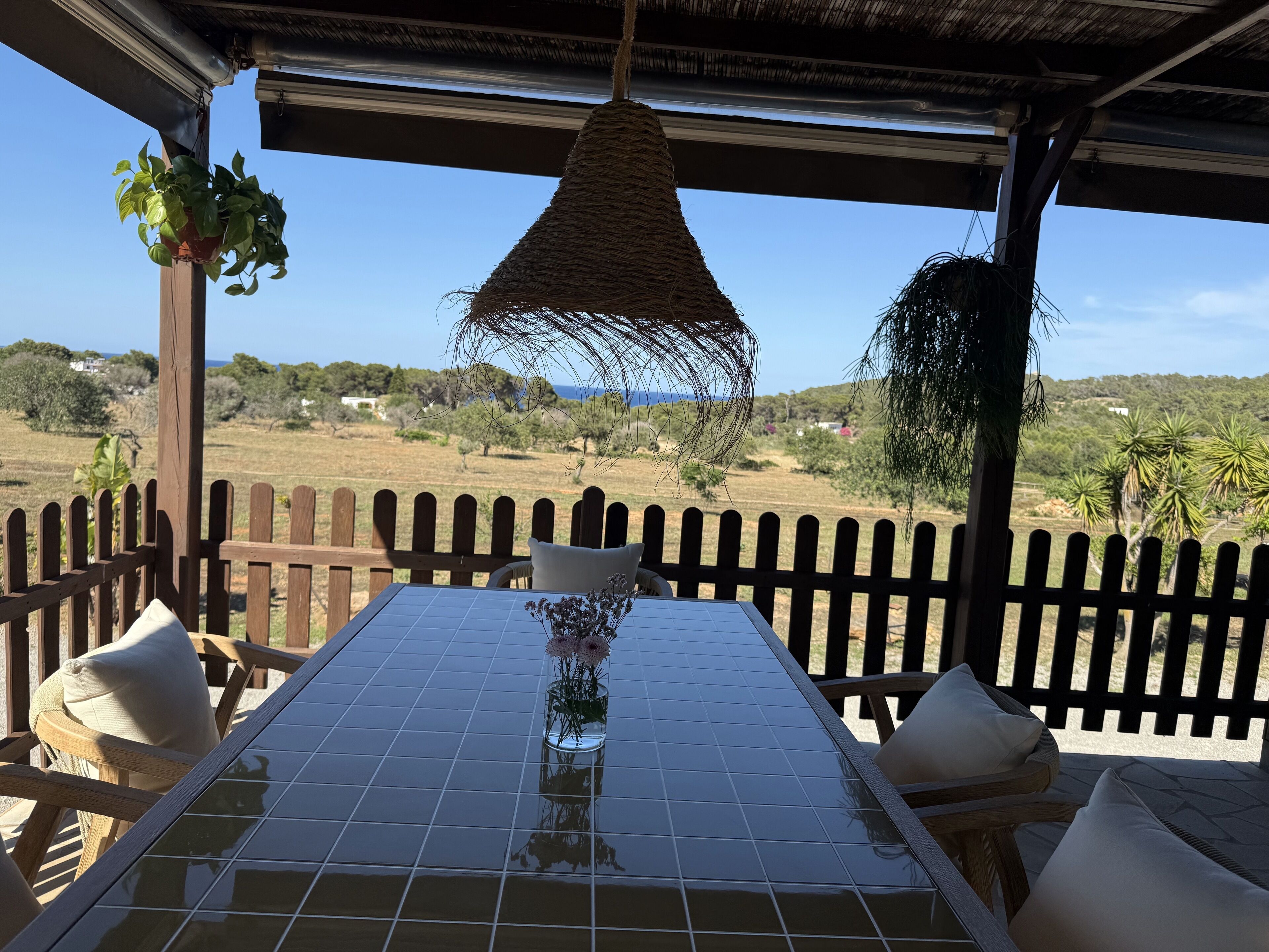 A covered outdoor seating area with a table, chairs, and a hanging plant.