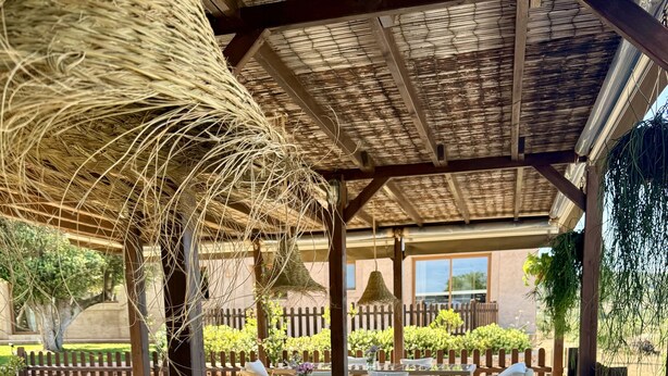 An outdoor patio with wooden tables and chairs, a thatched roof, and a view of the garden. - Agroturismo Sa Marina Ibiza (Santa Eulalia del Rio)