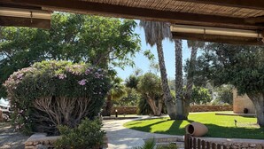 A stone pathway leading through a landscaped garden with a pergola overhead. - Agroturismo Sa Marina Ibiza (Santa Eulalia del Rio)